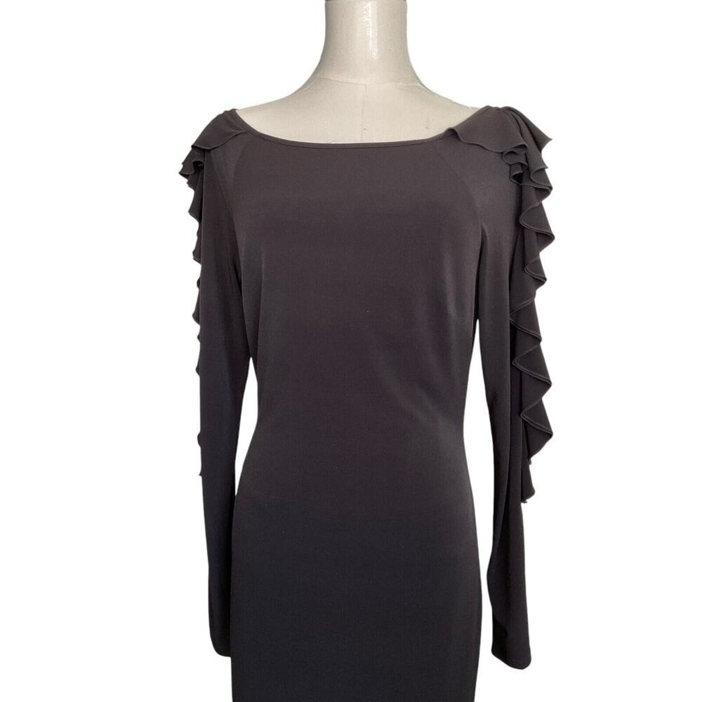 Bebe Black Ruffle Long Sleeve Boat Neck Sheath Cocktail Dress Small Y2K - Picture 5 of 13